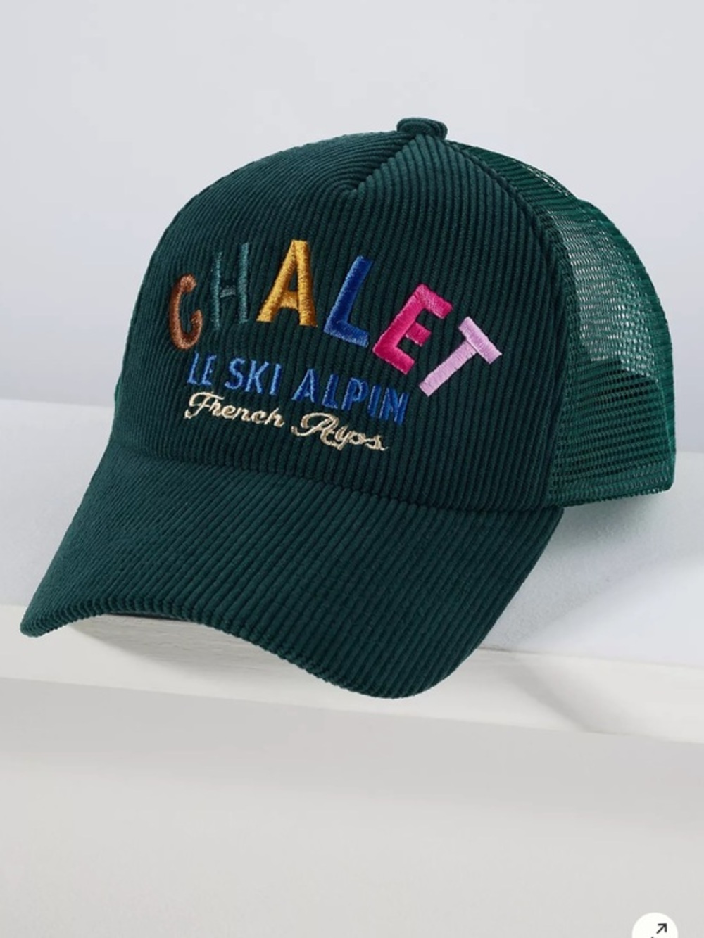 Anthropologie Worn/West Après Ski Corduroy Trucker Hat green embroidered